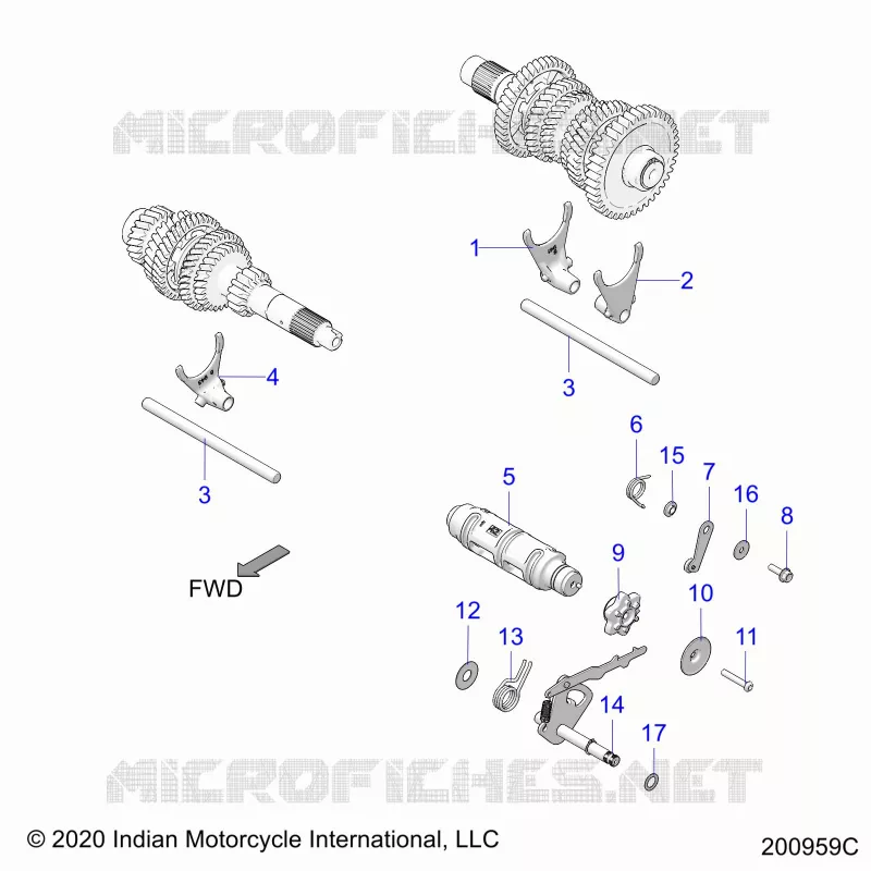 DRIVE TRAIN, SHIFT FORKS AND DRUM