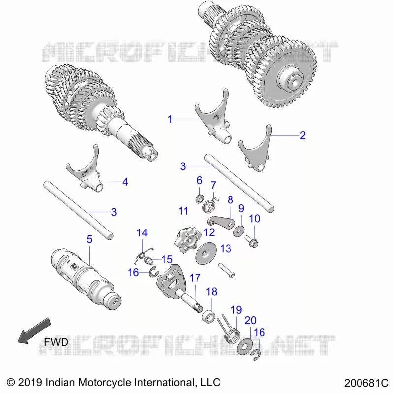 DRIVE TRAIN, SHIFT FORKS AND DRUM