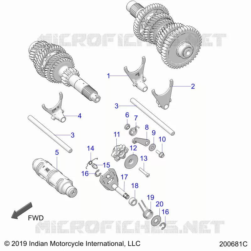 DRIVE TRAIN, SHIFT FORKS AND DRUM