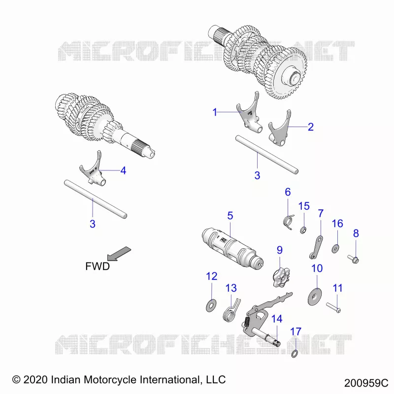 DRIVE TRAIN, SHIFT FORKS AND DRUM