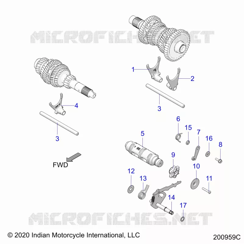 DRIVE TRAIN, SHIFT FORKS AND DRUM