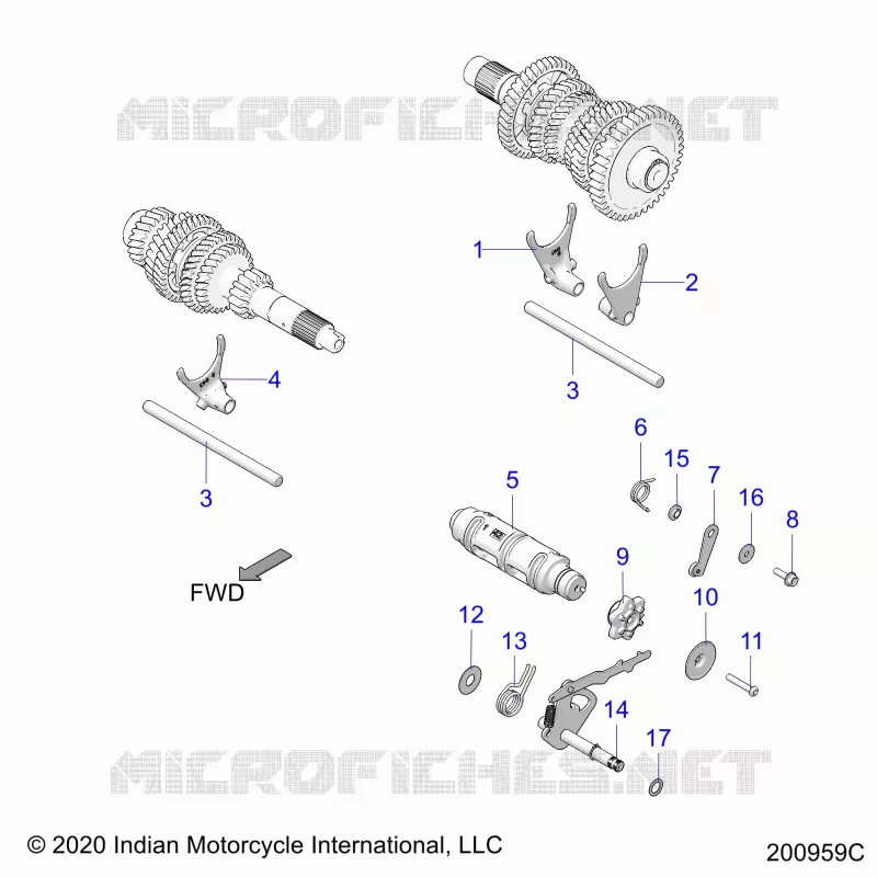DRIVE TRAIN, SHIFT FORKS AND DRUM