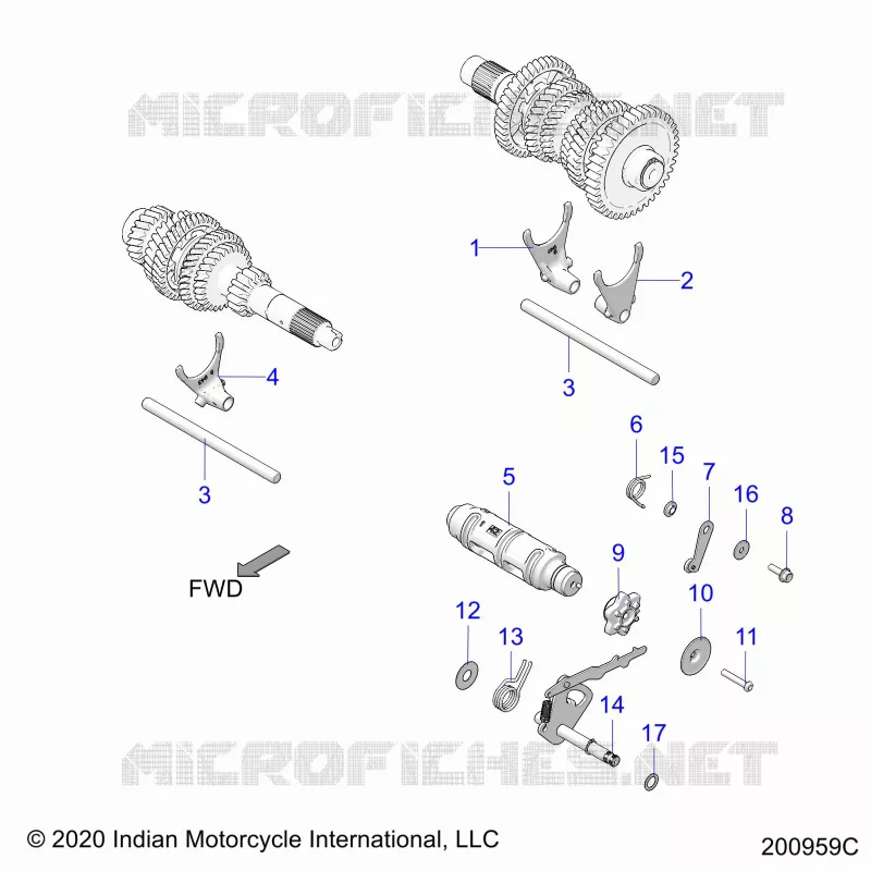 DRIVE TRAIN, SHIFT FORKS AND DRUM